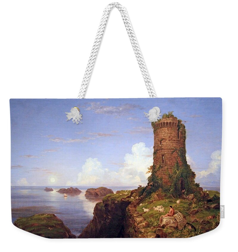 Italian Coast Scene With Ruined Tower Weekender Tote Bag featuring the photograph Cole's Italian Coast Scene With Ruined Tower by Cora Wandel
