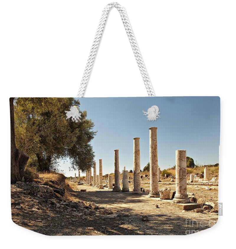 Ancient Weekender Tote Bag featuring the photograph Colonaded street in Side Turkey by Sophie McAulay
