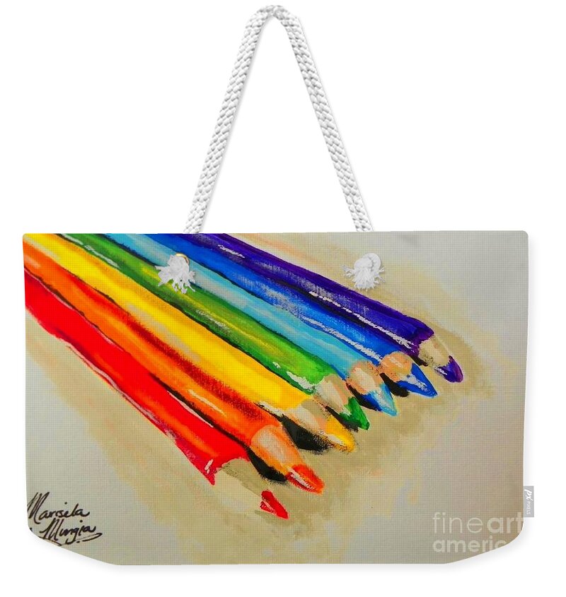 Marisela Mungia Weekender Tote Bag featuring the painting Color Pencils by Marisela Mungia