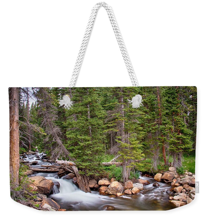Mountain Stream Weekender Tote Bag featuring the photograph Colorado Rocky Mountain Forest Stream by James BO Insogna
