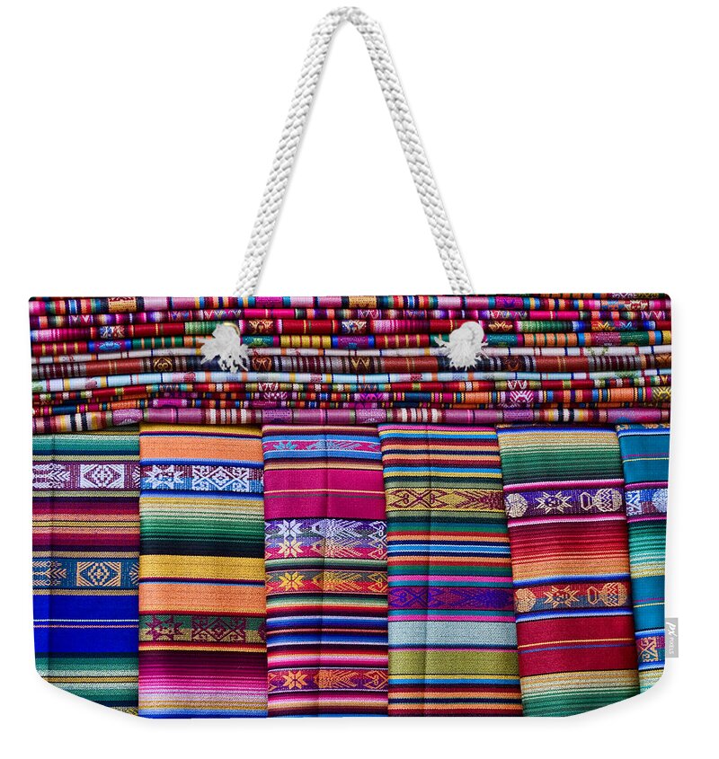 Colorful Weekender Tote Bag featuring the photograph Colorful Blankets Santa Fe by Carol Leigh