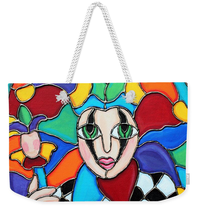 Color Weekender Tote Bag featuring the painting Colorful Jester by Cynthia Snyder