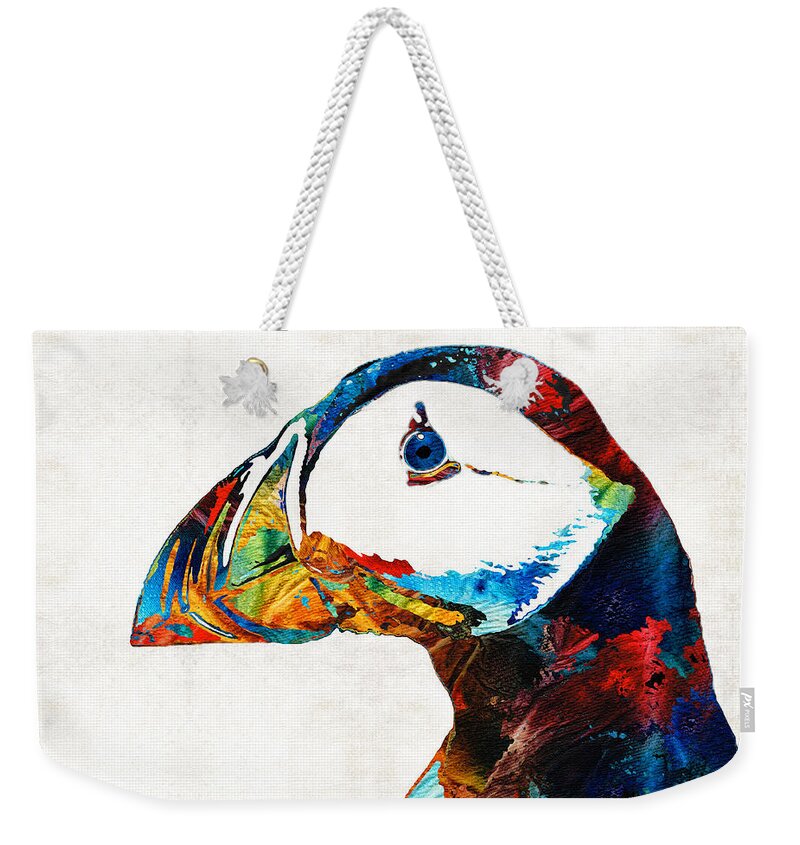 Puffin Weekender Tote Bag featuring the painting Colorful Puffin Art By Sharon Cummings by Sharon Cummings