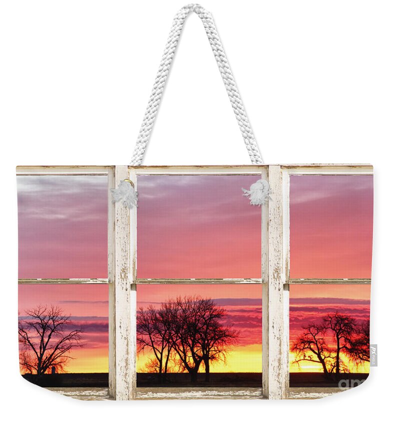Windows Weekender Tote Bag featuring the photograph Colorful Tree Lined Horizon White Barn Picture Window Frame by James BO Insogna