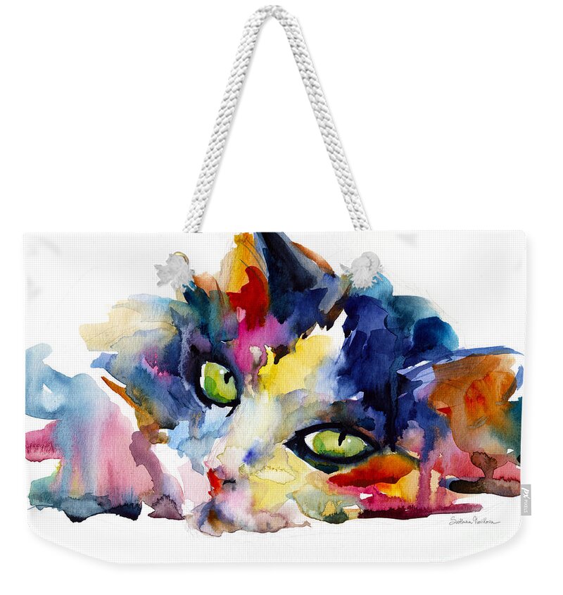 Tubby Cat Weekender Tote Bag featuring the painting Colorful Tubby cat painting by Svetlana Novikova