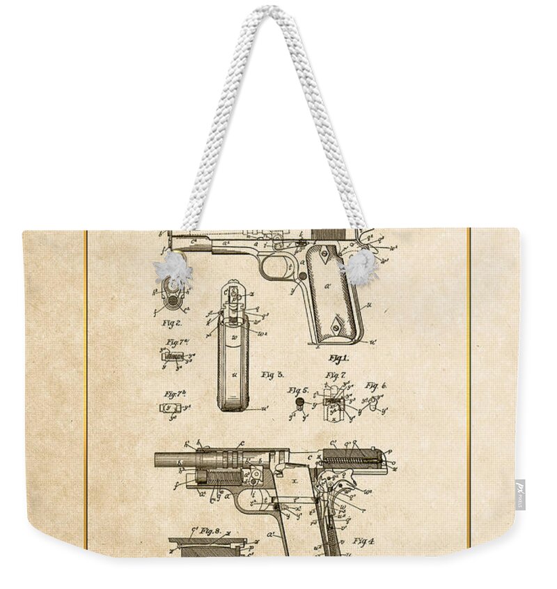 C7 Vintage Patents Weapons And Firearms Weekender Tote Bag featuring the digital art Colt 1911 by John M. Browning - Vintage Patent Document by Serge Averbukh