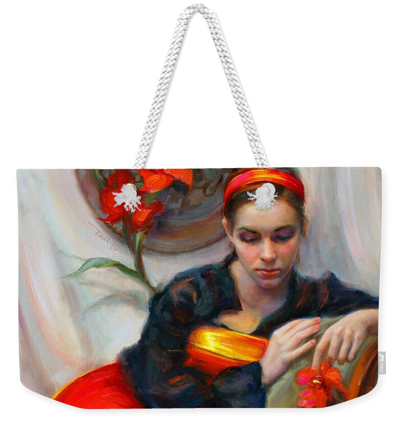 Talya Weekender Tote Bag featuring the painting Common Threads - Divine Feminine in silk red dress by Talya Johnson
