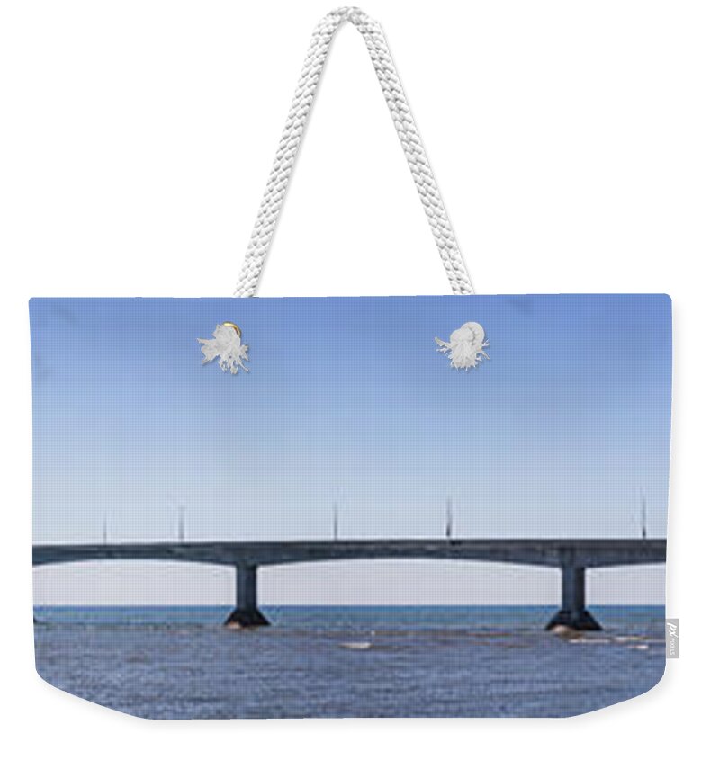 Bridge Weekender Tote Bag featuring the photograph Confederation Bridge panorama 3 by Elena Elisseeva