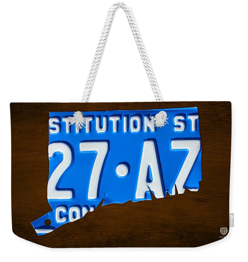 Connecticut Weekender Tote Bag featuring the mixed media Connecticut State License Plate Map by Design Turnpike