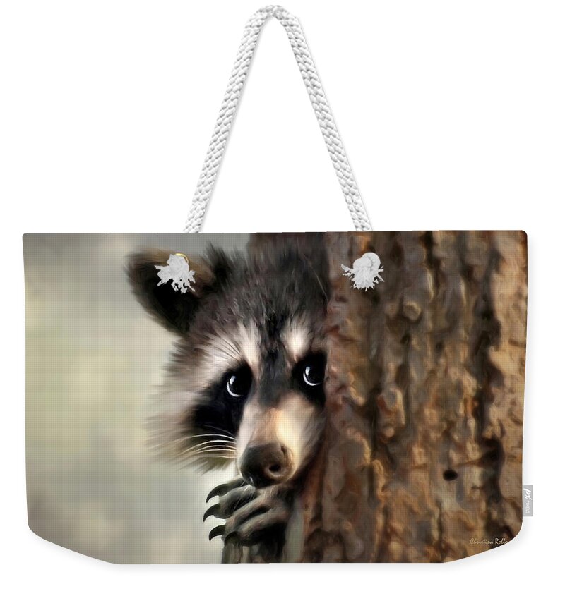 Raccoon Weekender Tote Bag featuring the painting Conspicuous Bandit by Christina Rollo