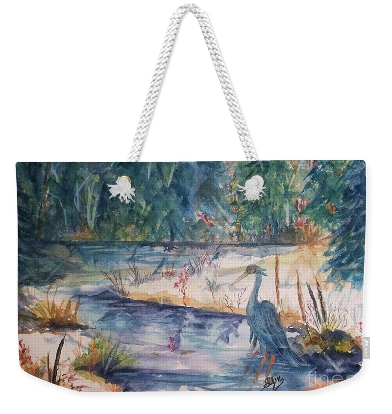 Heron Weekender Tote Bag featuring the painting Contemplating Lunch by Ellen Levinson