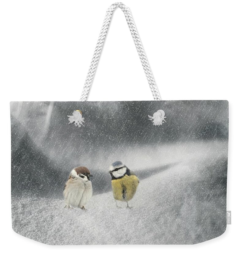 Animal Weekender Tote Bag featuring the mixed media Conversation In The Snow by Heike Hultsch