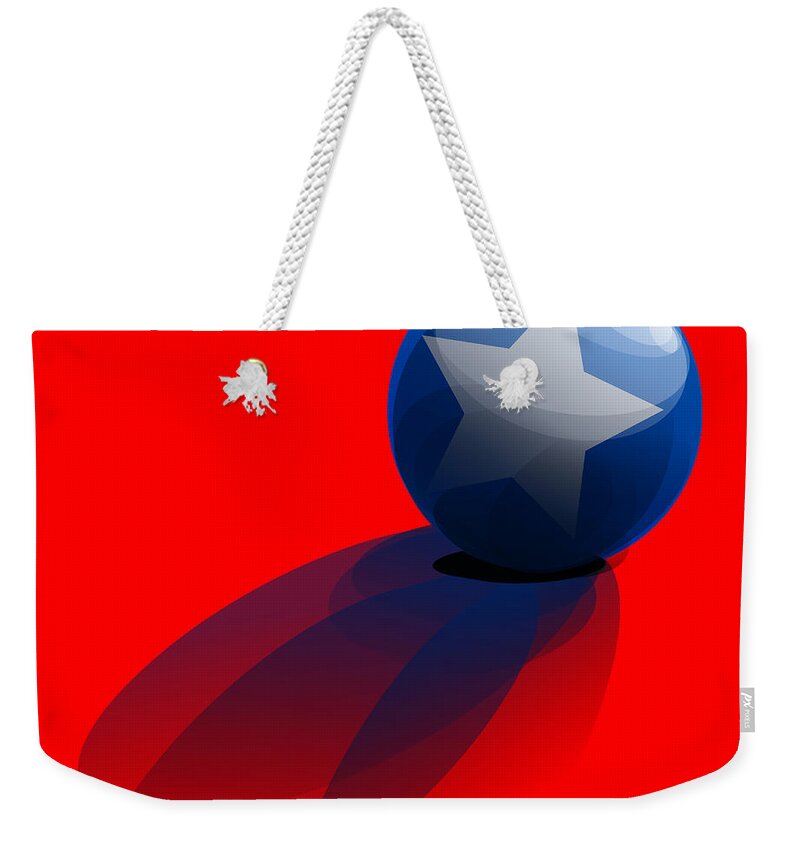 Red Weekender Tote Bag featuring the digital art Blue Ball decorated with star red background by Vintage Collectables