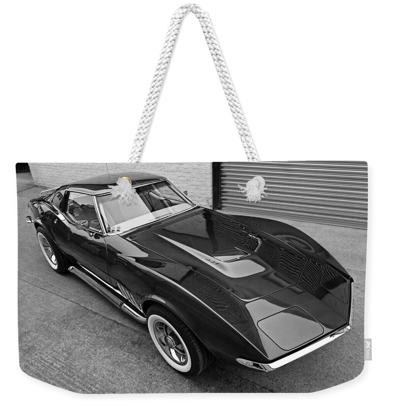 Classic Vette Weekender Tote Bag featuring the photograph Corvette C3 1968 in Black and White by Gill Billington