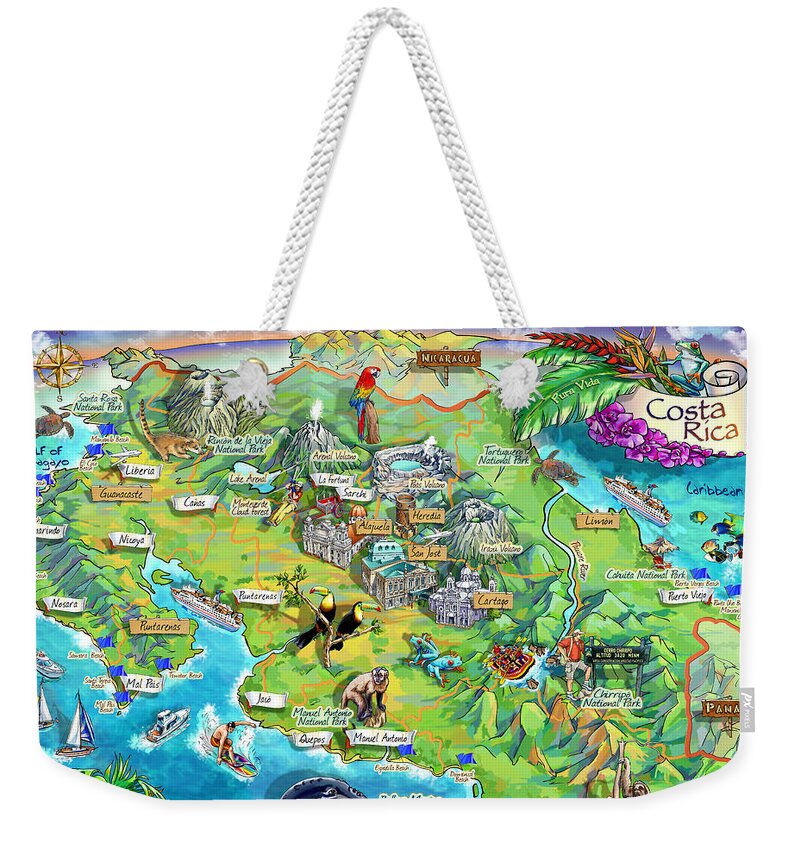 Costa Rica Weekender Tote Bag featuring the painting Costa Rica map illustration by Maria Rabinky
