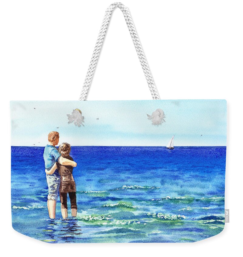 Couple Weekender Tote Bag featuring the painting Couple And The Sea by Irina Sztukowski