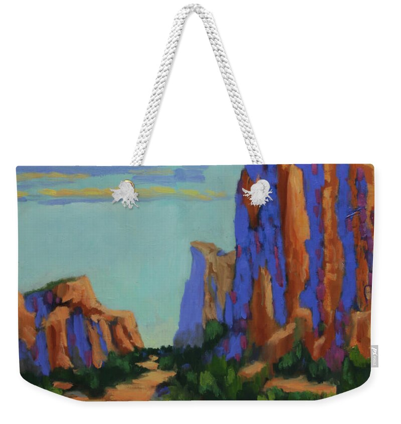 Sedona Weekender Tote Bag featuring the painting Courthouse Rock in Sedona by Maria Hunt