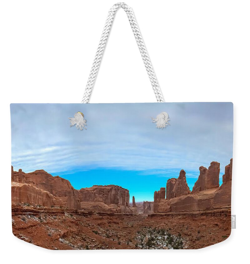 Landscape Weekender Tote Bag featuring the photograph Courthouse Towers by Jonathan Nguyen