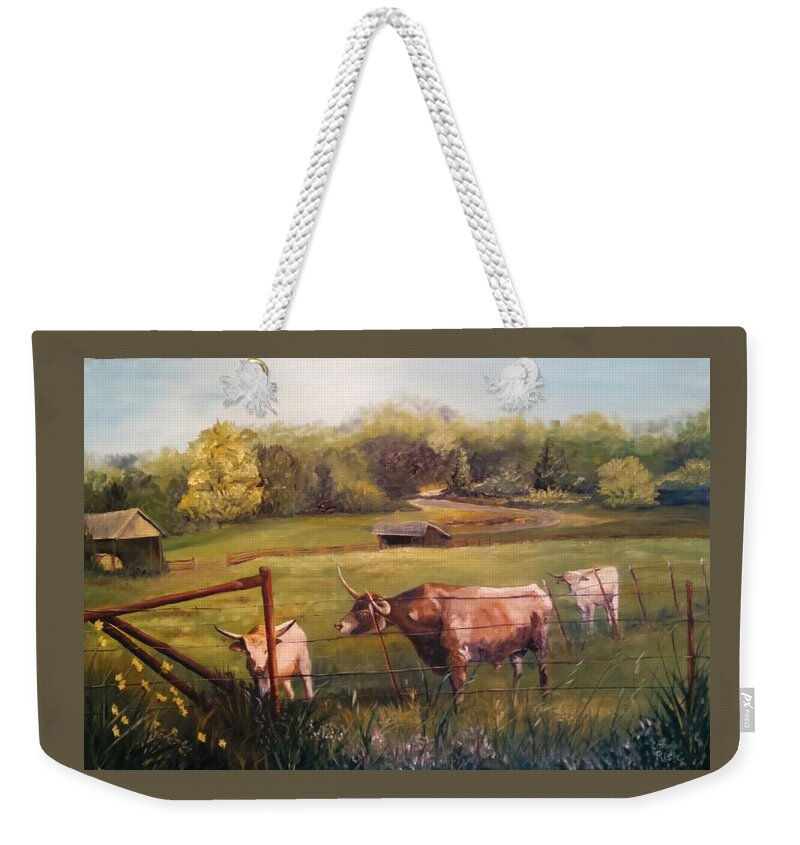 Longhorn Cattle Weekender Tote Bag featuring the painting Courtship Across The Fence Line by Connie Rish