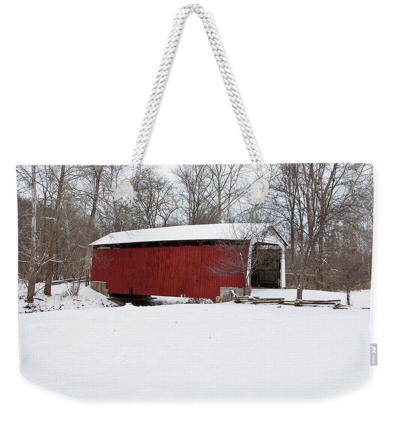 Photography Weekender Tote Bag featuring the photograph Covered Bridge In Snow Covered Forest by Panoramic Images