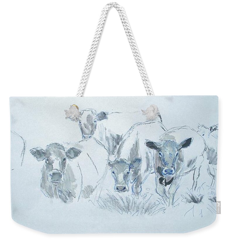 Cows Weekender Tote Bag featuring the painting Cow drawing by Mike Jory