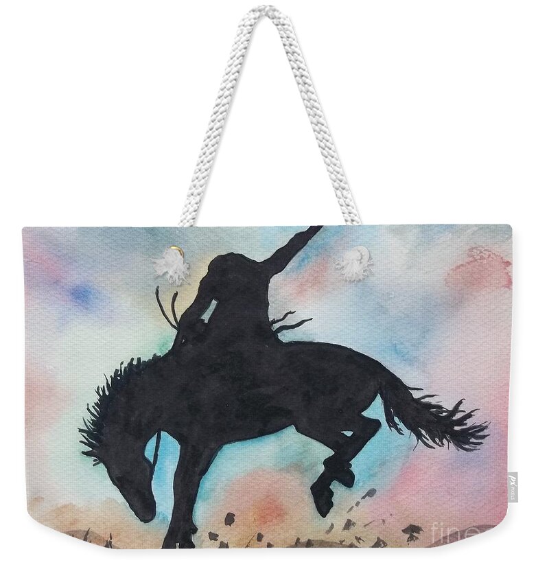 Cowboy Bronco Weekender Tote Bag featuring the painting Cowboy Bronco by Don n Leonora Hand