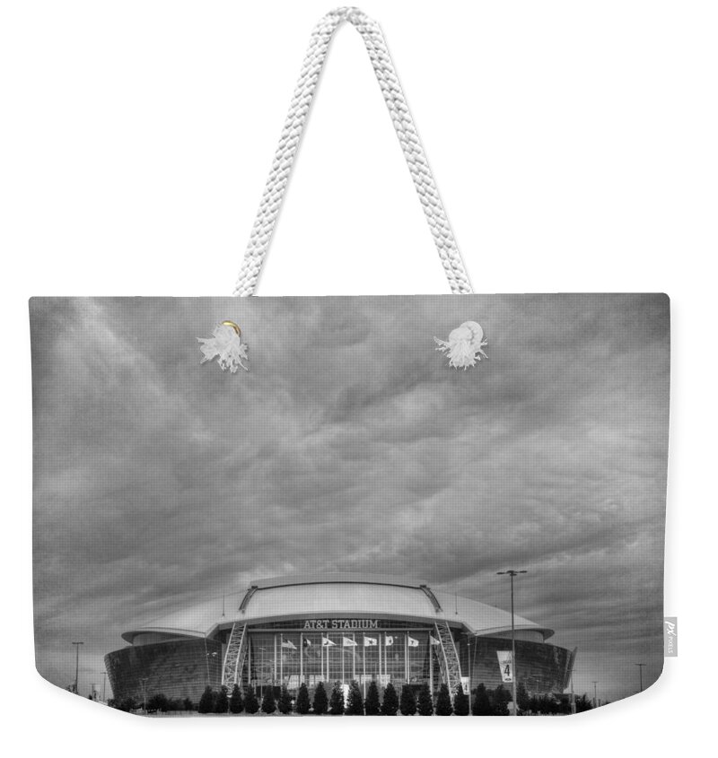 Joan Carroll Weekender Tote Bag featuring the photograph Cowboy Stadium BW by Joan Carroll