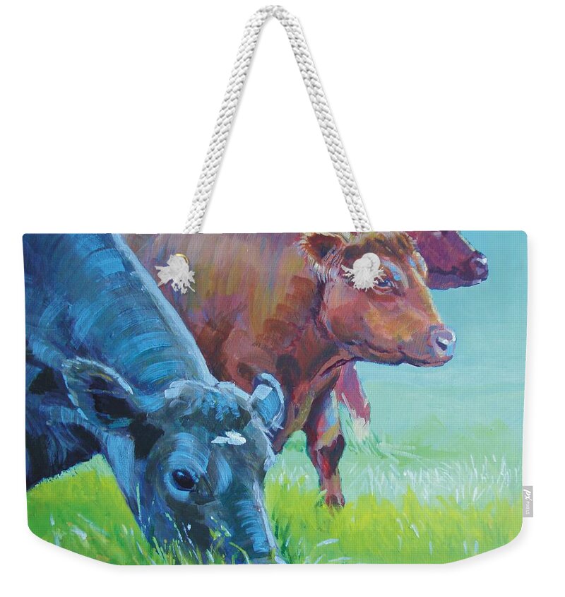 Cow Weekender Tote Bag featuring the painting Cows by Mike Jory
