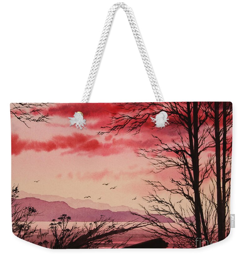 Sunset Weekender Tote Bag featuring the painting Crimson Shore by James Williamson