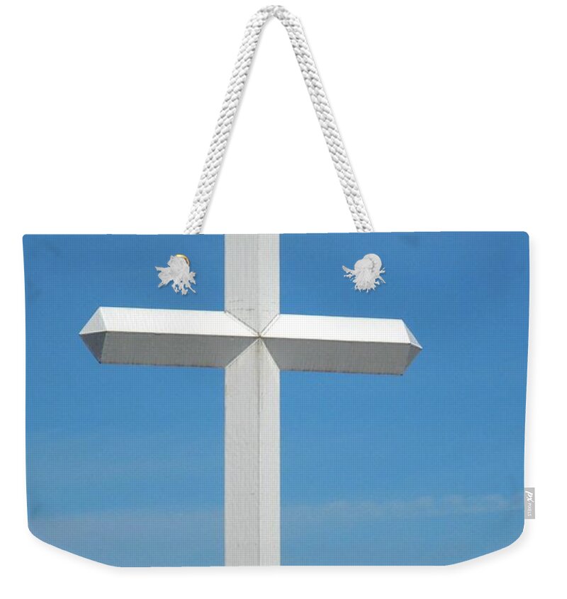 Cross Weekender Tote Bag featuring the photograph Cross And Flag Under God by Renee Trenholm