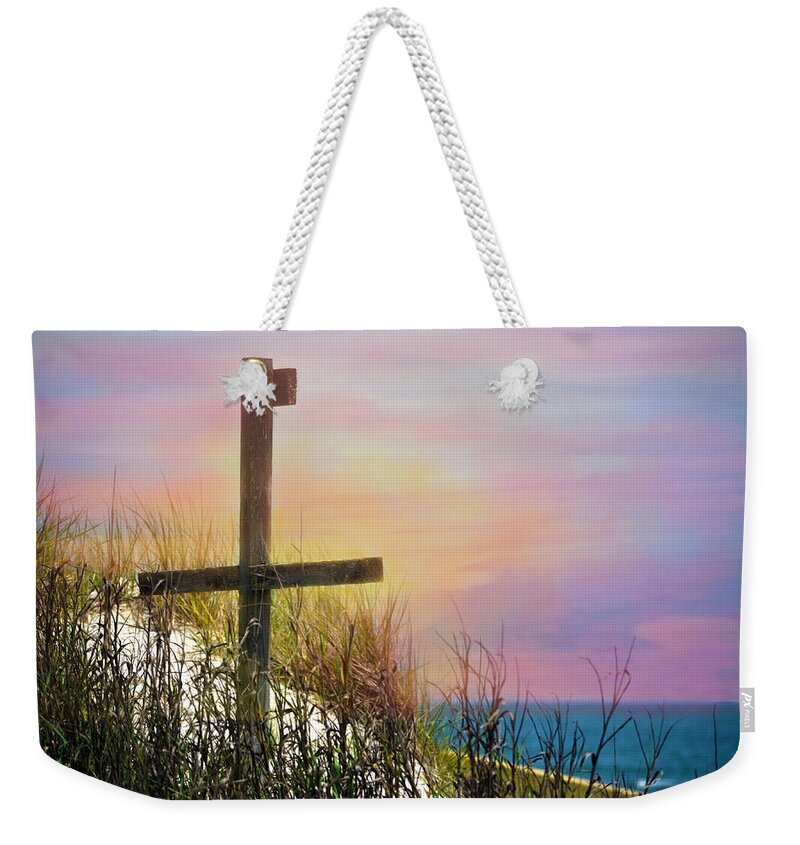 Cross Weekender Tote Bag featuring the photograph Cross At Sunset Beach by Sandi OReilly
