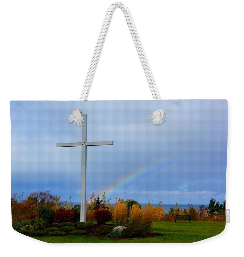 Cross Weekender Tote Bag featuring the photograph Cross at the End of the Rainbow by Keith Stokes
