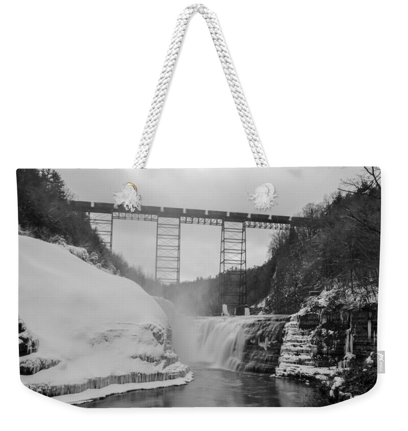 Bridges Weekender Tote Bag featuring the photograph Crossing at Letchworth by Guy Whiteley