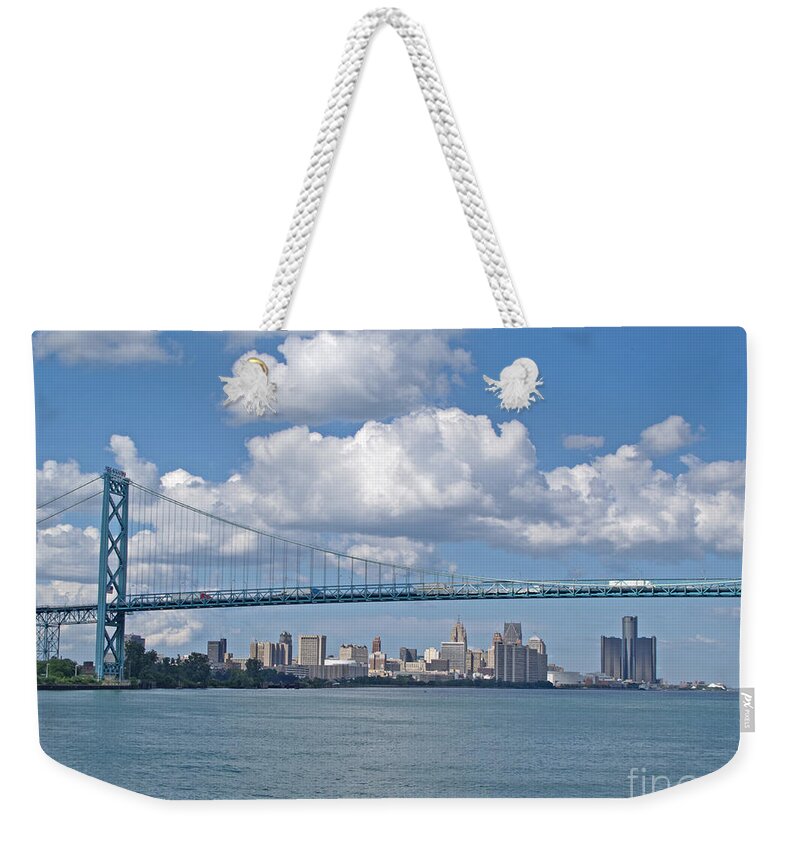 Bridge Weekender Tote Bag featuring the photograph Crossing the Detroit River by Ann Horn