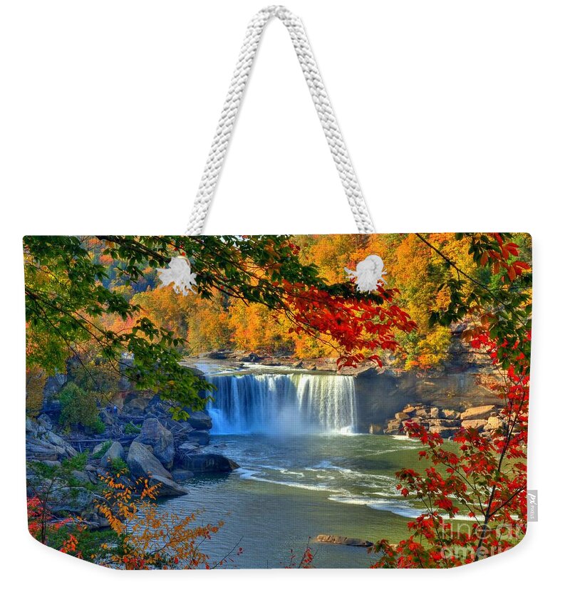 Kentucky Weekender Tote Bag featuring the photograph Cumberland Falls In Autumn 2 by Mel Steinhauer