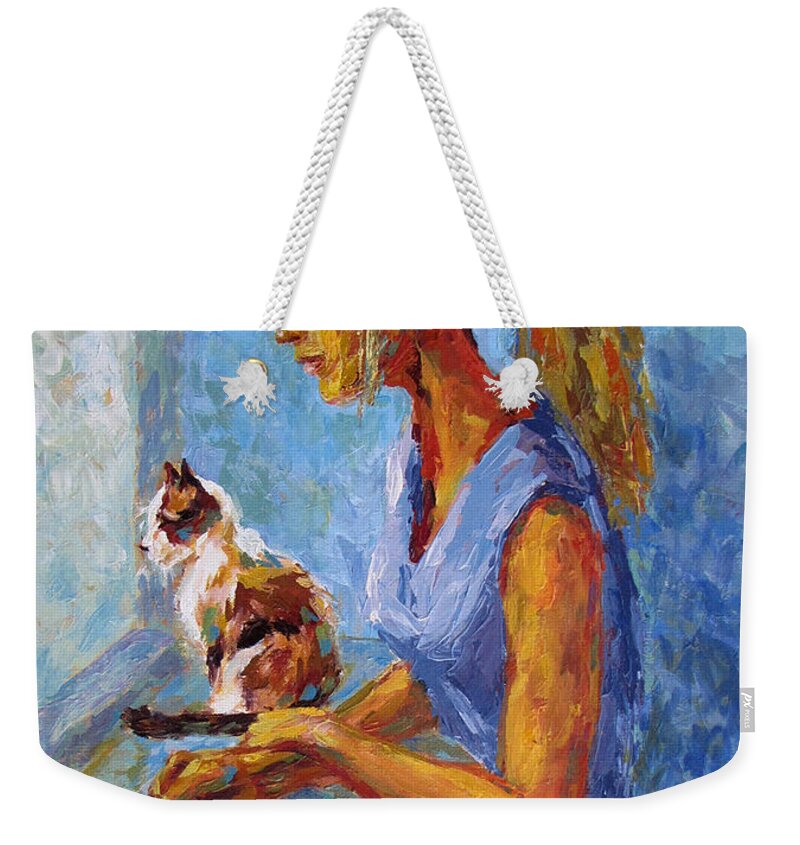 Girl And Cat Weekender Tote Bag featuring the painting Curiosity by Jyotika Shroff
