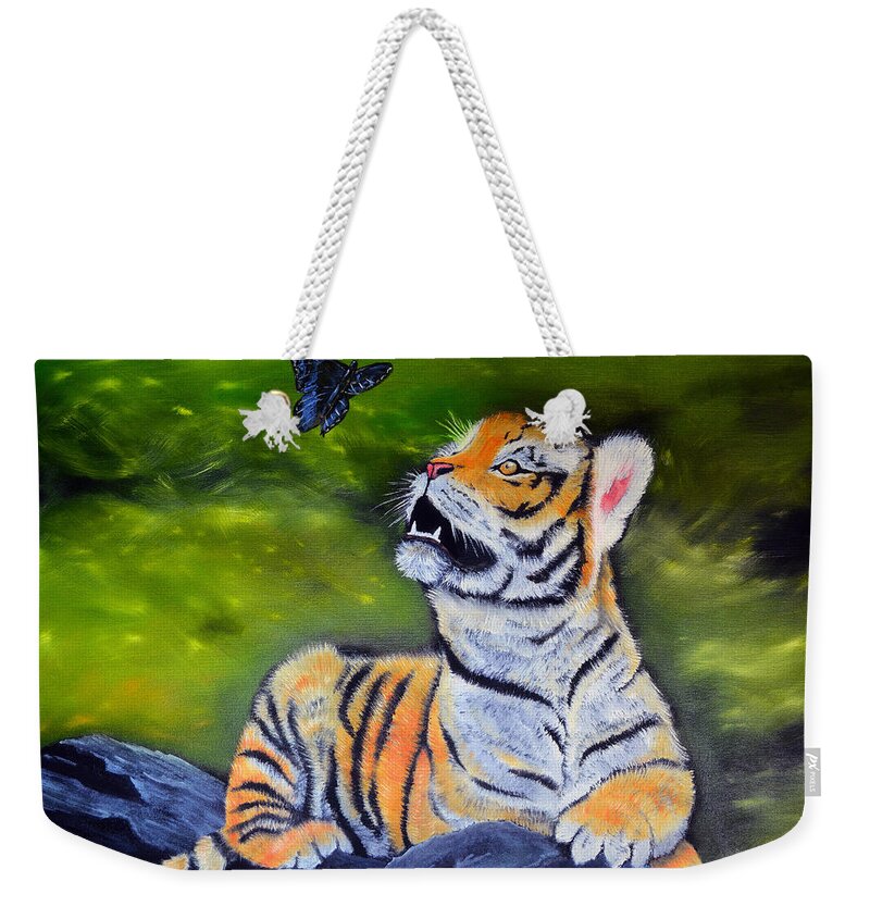 Tigers Weekender Tote Bag featuring the painting Curious by Lee Winter