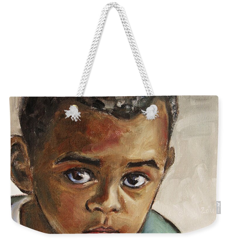 Boy Weekender Tote Bag featuring the painting Curious Little Boy by Xueling Zou