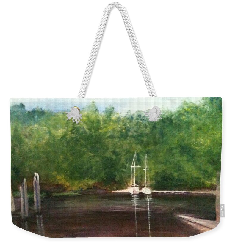 Plein Aire Weekender Tote Bag featuring the painting Curtain's Marina by Sheila Mashaw