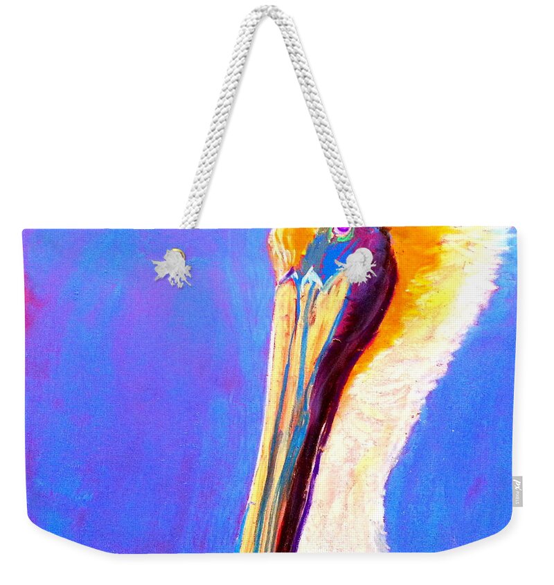 Bird Pelican Portrait Face Colorful Whimsical Quirky Decorative Colourful Bright Vibrant Pastel Soft Pastels Soft-pastels Painting Pretty Unique Style Bold Strokes Birdie Birds Birdies Heart-warming Cute White Child's-room Childs Child's Room Vivid Drawing Sketch Loose Distinctive Funny Fun Weekender Tote Bag featuring the painting Cute Pelican by Sue Jacobi