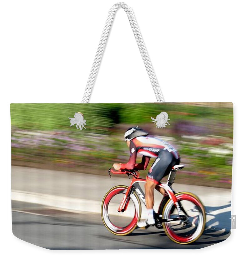 Cycling Weekender Tote Bag featuring the photograph Cyclist Time Trial by Kevin Desrosiers