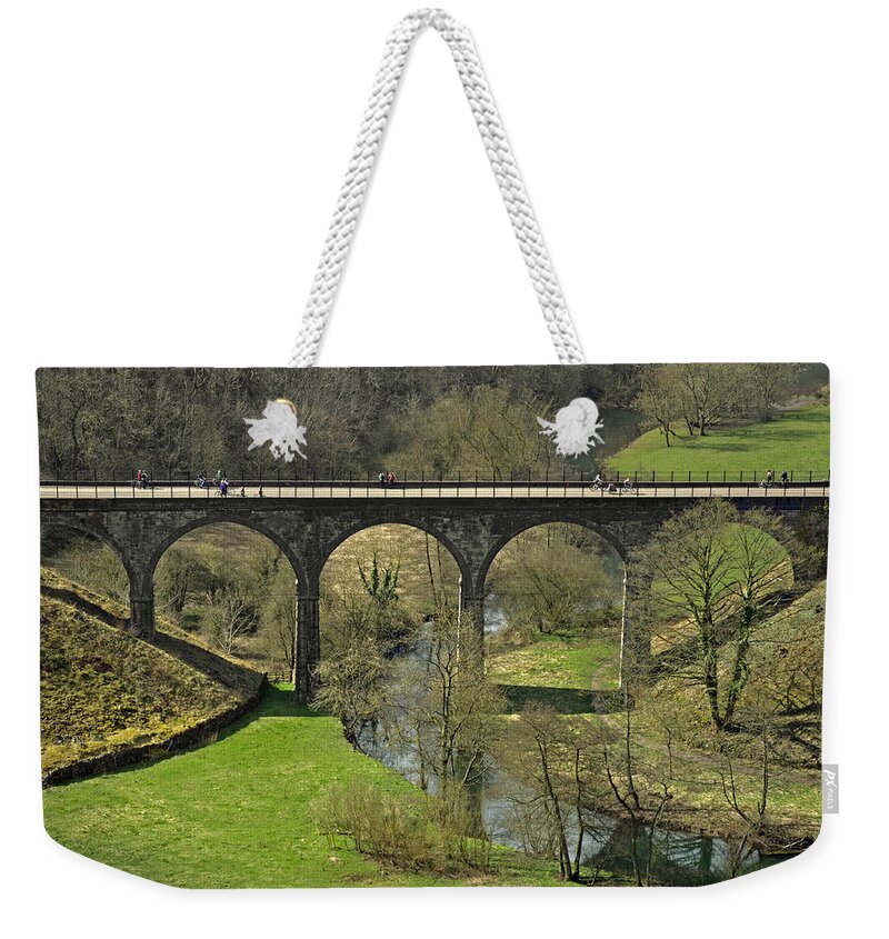 Bright Weekender Tote Bag featuring the photograph Cyclists on the Headstone Viaduct by Rod Johnson