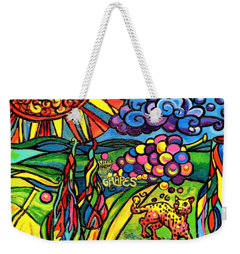 Wine Weekender Tote Bag featuring the painting Cypress Trees Grapes and Leopard In The Landscape by Genevieve Esson