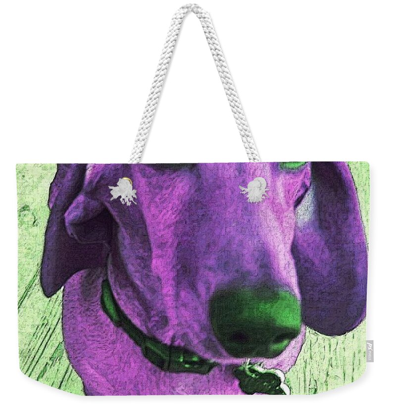 Dachshund Weekender Tote Bag featuring the photograph Dachshund - Purple People Greeter by Rebecca Korpita