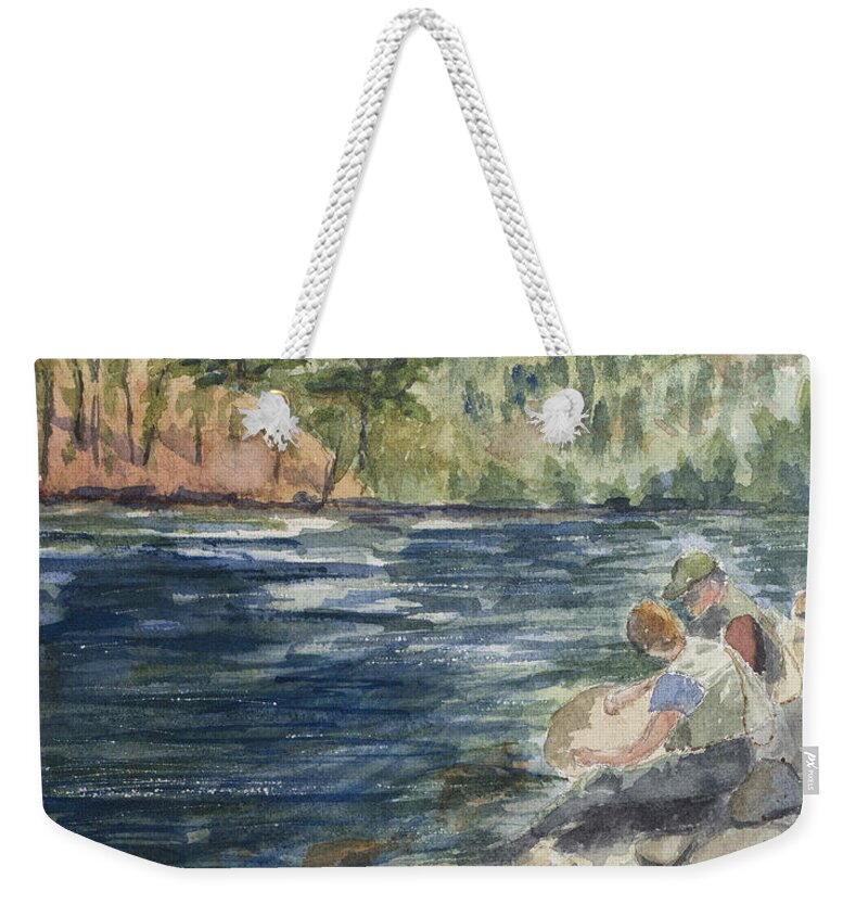 Kid Weekender Tote Bag featuring the painting Dad and Son Gearing Up by Mary Benke