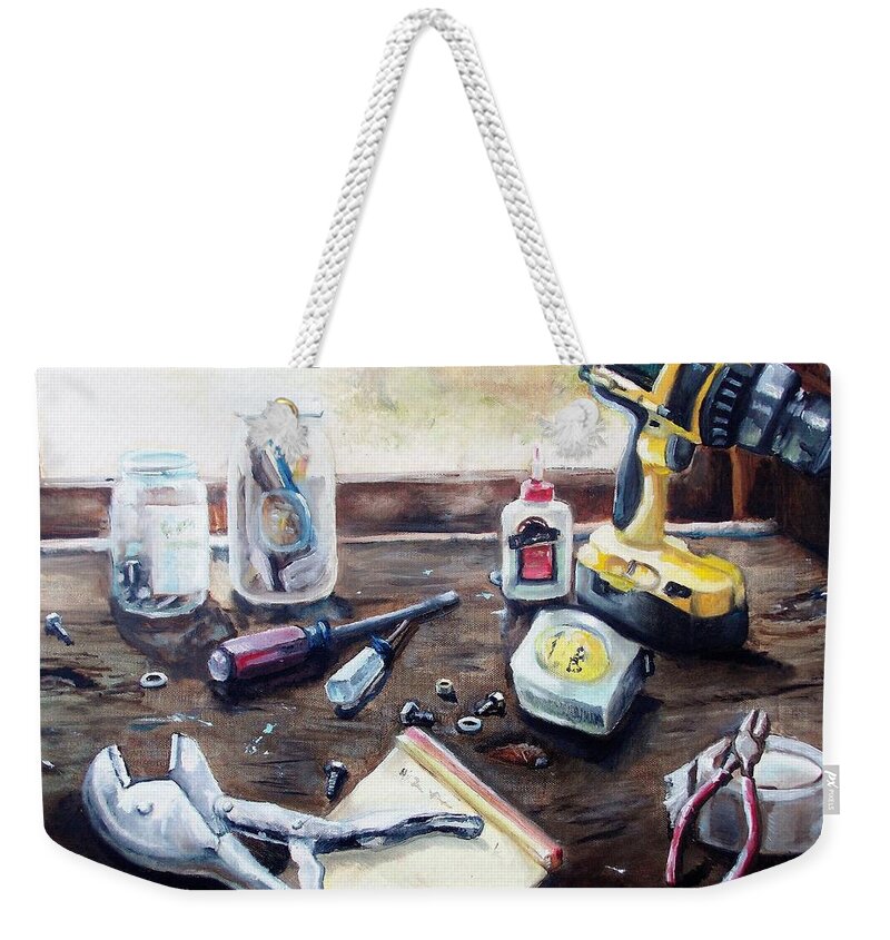 Tool Weekender Tote Bag featuring the painting Dad's Bench by Shana Rowe Jackson