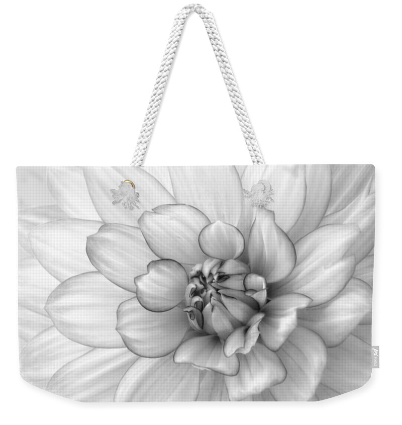 Dahlia Weekender Tote Bag featuring the photograph Dahlia Flower Black and White by Kim Hojnacki