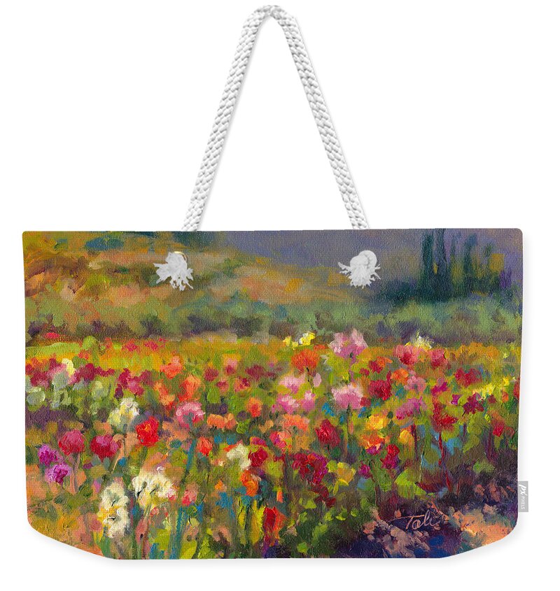 Dahlia Weekender Tote Bag featuring the painting Dahlia Row by Talya Johnson