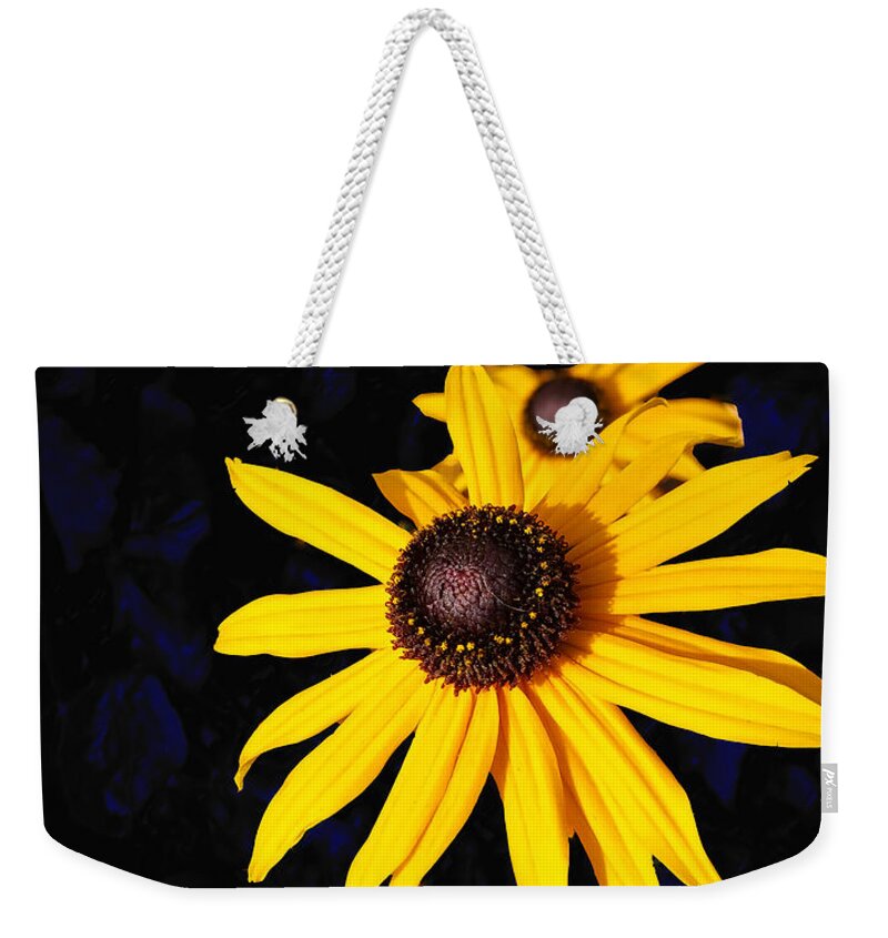 Daisy Weekender Tote Bag featuring the digital art Daisy On Dark Blue by Kathleen Illes