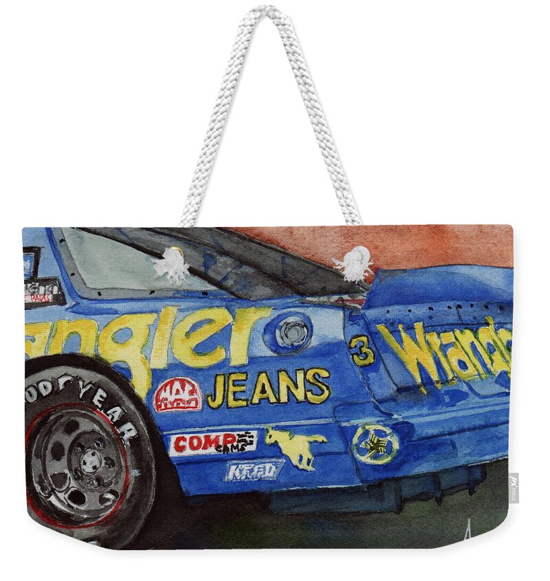 Blue Weekender Tote Bag featuring the painting Dale Earnhardt's 1987 Chevrolet Monte Carlo Aerocoupe No. 3 Wrangler by Anna Ruzsan